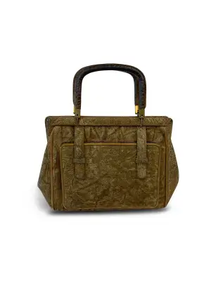 50's Weathered Leather Handbag  -Olive/Khaki Weathered Leather -Great Condition -Size One Size  Measurements -Width: 25cm -Depth: 7cm -Height: 20cm