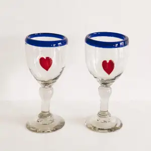 Artisanal Heart Glasses  Traditional Mexican Blue Trim with Heart Motifs  Made in Mexico  100% Recycled Glass  Set of 2