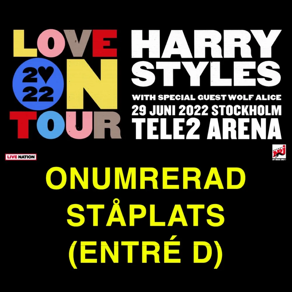 Säljer 1 onumrerad ståplats till harry styles konsert i Stockholm 29/6!  Biljetten går att enkelt överföra så man behöver inte mötas upp!😄 ENTRÉ D. Övrigt.