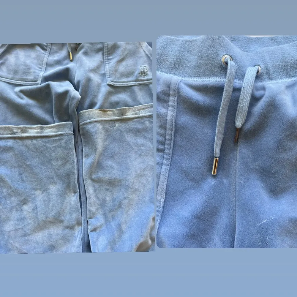 Säljer ett par blåa juicybyxor, vet ej vad färgen heter då den inte säljs lägre. Byxorna är lite blekta längst ned pga att dem är för långa för mig och har nuddat marken när går. (Se bild 3)  Tappat 1 metallgrej (se bild 3)  Byxorna är storlek Xs. . Jeans & Byxor.