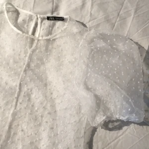 topp i mesh från zara - topp i vit mesh med vita prickar från zara, puffiga ärmar, storlek S. superfint skick! köpt för 199kr.   frakten går på 25kr med frimärken eller 39kr spårbart!