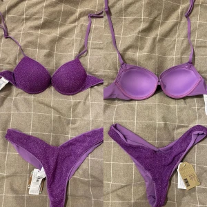 Glittrigt slutsålt bikiniset!! - Slutsålt bikiniset från Calzedonia med lappen kvar! Endast testad en gång.  Paded Push-Up Bikini Top, nypris 400kr och High-Leg Brazilian Bikini Bottoms, nypris 200kr Överdel: 80A / 75B / 70C Underdel: storlek S💗 Meddela mig om frågor/fler bilder!