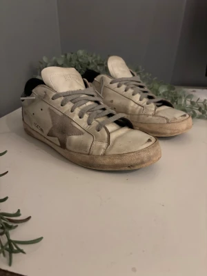 Golden gosse. - Säljer ett par GGDB sneakers i vitt skinn med grå mockadetaljer och en stor stjärna på sidan. Skorna har grå snörning, svart häl och platt sula. Perfekt för dig som gillar en cool och avslappnad stil med unika detaljer. Lite smutsiga bara men annars felfri.
