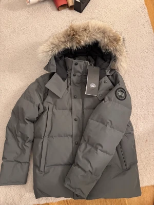 Grå dunjacka från Canada Goose M - Säljer en grå dunjacka från Canada Goose HELT NYTT ALDRIG ANVÄNT PREMIUMKVALITET MED pälskantad huva och snygg patch på ärmen. Jackan har quiltad design, dragkedja och knappar framtill samt två stora fickor. Perfekt för kalla vinterdagar och riktigt stilren look.