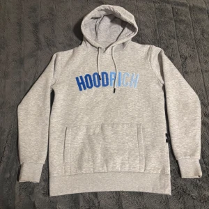 Grå hoodie från Hoodrich - Snygg grå hoodie från Hoodrich i storlek XS. Tröjan har broderad blå och ljusblå text på bröstet, huva med snörning och en stor magficka. Om ni har några frågar så är det bara skriva!