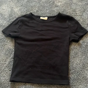 Svart basic t-shirt från Gina Tricot - En svart, enkel och stilren t-shirt från Gina Tricot, basically basics-kollektionen. Modellen har rund hals och korta ärmar, perfekt för en clean och chill look. Materialet är mjuk bomull som känns skönt mot huden.