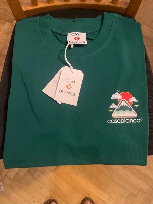 Grön Casablanca t-shirt med tryck - Snygg grön t-shirt från Casablanca med stort grafiskt tryck av berg, sol och moln på ryggen och mindre tryck på bröstet. Rund hals och korta ärmar. Tillverkad i 100% ekologisk bomull för skön känsla och stilren look.