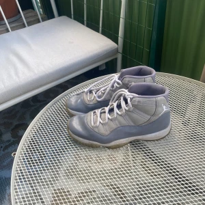 Nike Air Jordan 11 Cool Grey - Säljer ett par Nike Air Jordan 11 i färgen Cool Grey. Skorna har en hög siluett, klassisk snörning och den ikoniska Jumpman-loggan på sidan. Ovandelen är i grått skinn och syntet med vita detaljer och genomskinlig sula. Perfekta för dig som gillar streetwear och sneakerskultur.
