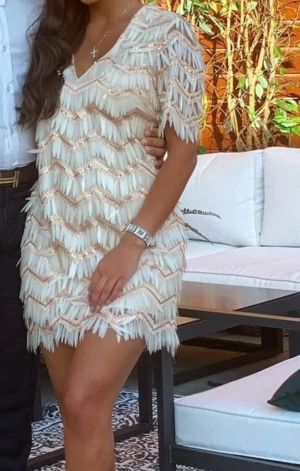 Champagnefärgad glittrig kortklänning Gina Tricot - Supersnygg kortklänning från Gina Tricot i champagnefärg med glittriga paljetter och fjäderliknande detaljer. Klänningen har v-ringning, korta ärmar och ett unikt zigzag-mönster som ger en festlig vibe. Perfekt för dig som vill sticka ut med en cool look.