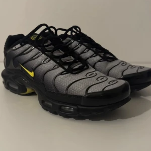 Nike Air Max Plus - Nike Air Max plus Grey/yellow ”black/wolf” i storlek 45. Använda i drygt 1-2 mån, köpta i Nike stor, 100% äkta. Kan skicka fler bilder om  önskas. OBS!!! Finns små repor på framsidan på skon (plasten där fram), kan skicka bilder på det med.