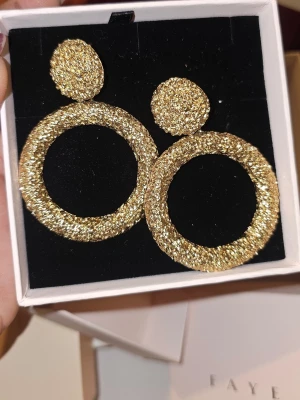 Glittriga stora ringörhängen guld - Säljer ett par stora, glittriga örhängen från Faye i guld. Örhängena har en rund form med en mindre cirkel upptill och en större cirkel nedtill, täckta av gnistrande glitter. Perfekta för dig som vill sticka ut och addera extra bling till din look.