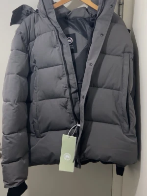 Grå pufferjacka från Canada Goose - Säljer en grå pufferjacka från Canada Goose med huva och dragkedja. Jackan har quiltad design, långa ärmar och praktiska fickor på sidorna. Insidan är fodrad i svart och jackan har en clean look som passar till allt. Perfekt för kalla dagar.