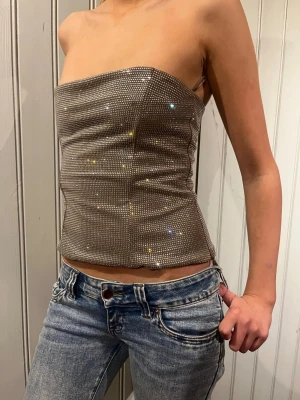 Glittrig silver tubtopp - Säljer en glittrig silver tubtopp med bandeau-modell. Toppen är täckt av små glittrande stenar som reflekterar ljuset och ger en riktigt snygg effekt. Den är axelbandslös och sitter tight runt kroppen för en stilren look.
