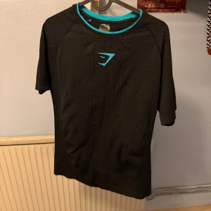 Gymshark Onyx v1  - Säljer en svart t-shirt från Gymshark med korta ärmar och blå logga på bröstet. T-shirten har ett sportigt mönster och blå kant vid halsen. Perfekt för dig som gillar träning och vill ha en snygg och funktionell look.