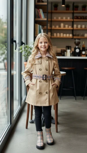 Beige trenchcoat med rutig detalj - Snygg beige trenchcoat med klassiska rutiga detaljer på krage, bälte och ärmslut. Jackan har dubbelknäppning, bälte i midjan och knappar framtill. Perfekt för dig som gillar stilrena och trendiga plagg med lite extra edge. 2 4 6 8 10 12 years avalible