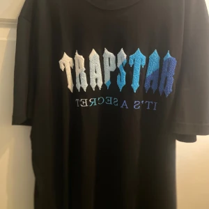 Svart Trapstar t-shirt med blått tryck - Svart t-shirt från Trapstar med stort tryck på bröstet i vitt och blått där det står 'TRAPSTAR IT'S A SECRET'.  Skriv vid minsta fundering