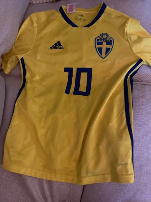 Svenska landslagströja Forsberg #10 - Gul fotbollströja från Adidas med blå detaljer, Sverige-emblem och nummer 10 på bröstet. Baksidan har namnet Forsberg och stort nummer 10. Tillverkad i lätt och ventilerande Climalite-material, perfekt för match eller träning.