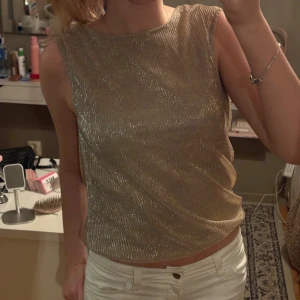 Glittrig guldig topp från Vila XS - Säljer en glittrig guldig topp från Vila i storlek XS. Toppen är ärmlös med rund hals och har en öppen rygg som ger en snygg och unik look. Materialet är glansigt och skimrande, perfekt för att sticka ut. Passformen är normal och toppen är lätt croppad.