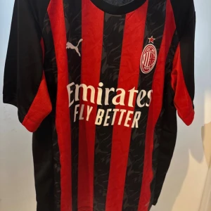 AC Milan matchtröja Puma röd/svart - AC Milan fotbollströja från Puma med klassiska röda och svarta vertikala ränder, klubbmärke på bröstet och vit Emirates-sponsor. Tillverkad i lätt funktionsmaterial, perfekt för träning eller match. Rund hals och korta ärmar.