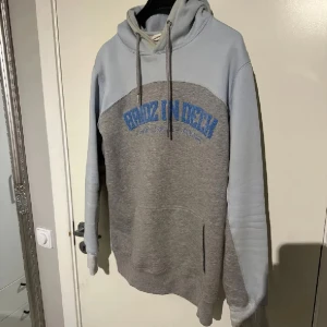 Grå och svart hoodie Brand2OnTech - Två hoodies från Brand2OnTech med coola färgblock. Ena är ljusgrå och grå med blå text, andra är grå och svart med röd text. Båda har huva med snörning, stor magficka och långärmade. Perfekt för chill eller träning, riktigt sköna i mjuk bomull.
