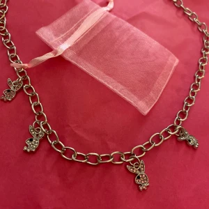 Playboy halsband  - Kedjehalsband i silverfärg med flera små kaninberlocker dekorerade med glittriga stenar. Halsbandet har en chunky kedja och kommer med en rosa förvaringspåse. Perfekt accessoar för att sticka ut och ge din outfit en lekfull touch.
