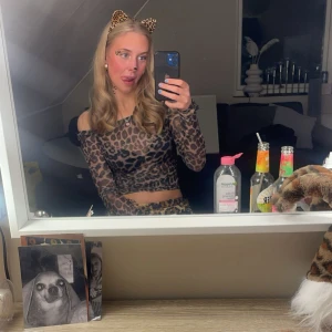 Leopardmönstrad mesh topp offshoulder - Säljer en snygg långärmad mesh topp med leopardmönster. Toppen är offshoulder och har en tight passform men stretchigt material. Färgen är brun och svart. Superfin till både jeans och kjol! Samt perfekt till halloween som kommer snart, om du vill vara en leopard 🐆 jag har använt denna topp 1 gång. Står ej något märke på toppen.