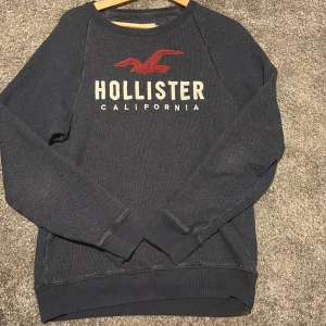 Mörkblå Hollister sweatshirt S - Snygg mörkblå sweatshirt från Hollister med stort broderat rött fågelmotiv och vit text på bröstet. Tröjan har rund hals, långa ärmar och ribbade muddar. Perfekt för dig som gillar klassisk streetstil och vill ha något bekvämt och stilrent.