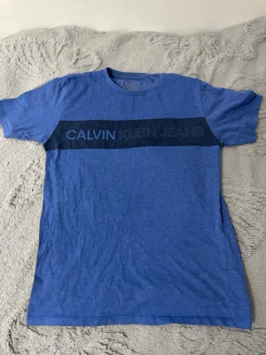 Blå Calvin Klein Jeans t-shirt - Snygg blå t-shirt från Calvin Klein Jeans med ett mörkblått band och logga över bröstet. Klassisk passform och rund halsringning. Perfekt till jeans eller shorts för en clean och enkel look.
