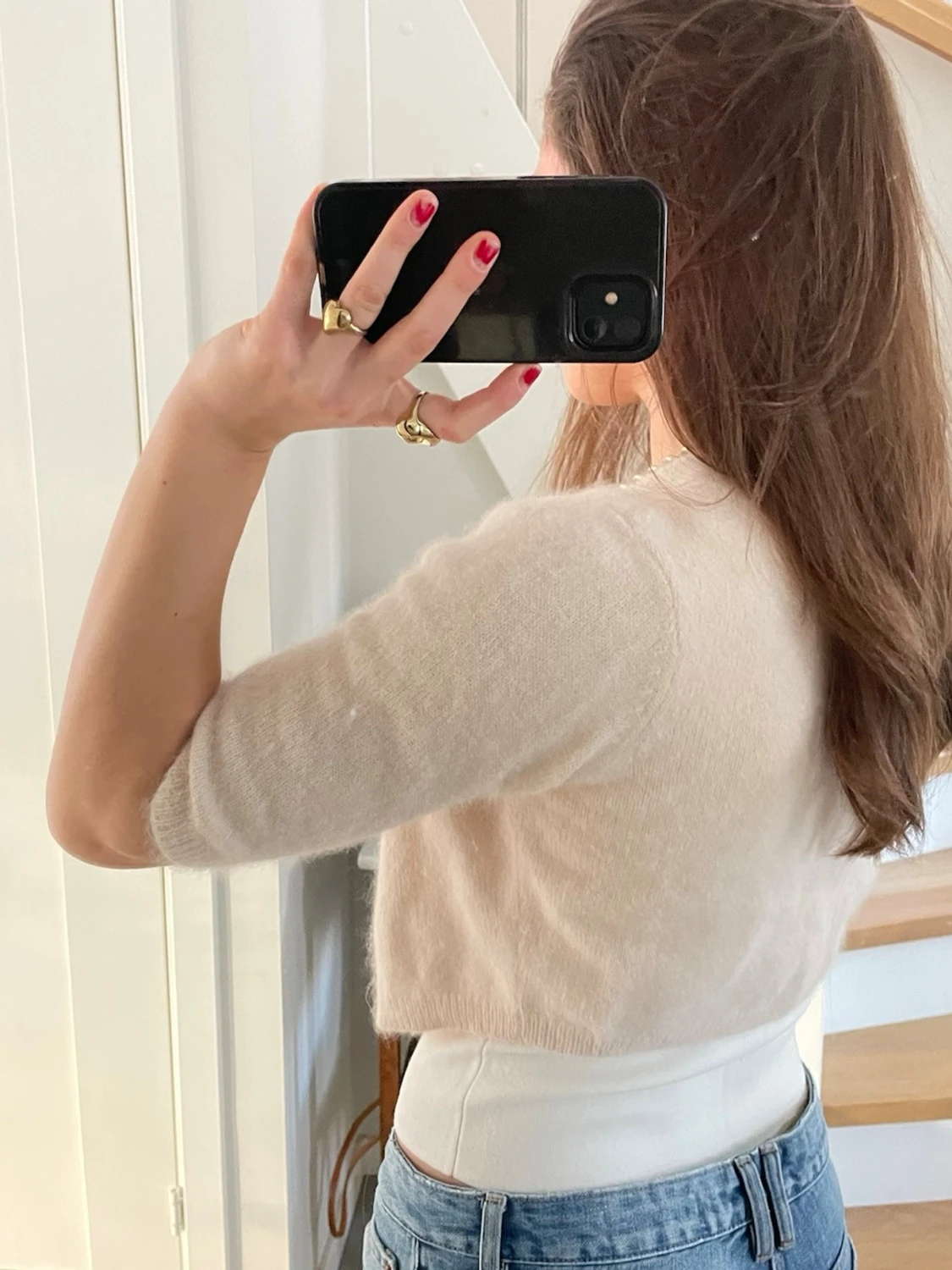 Kort beige stickad kofta - 1