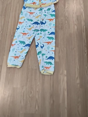 Pyjamas med dinosaurier i pastellfärger - Mysig pyjamas med dinosauriemönster i blått, orange, grönt och gult på vit botten. Byxorna har resår i midjan och muddar vid bensluten. Perfekt för dig som gillar lekfulla och färgglada sovkläder. 