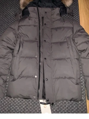 Svart dunjacka från Canada Goose - Säljer en svart dunjacka från Canada Goose med avtagbar huva och fuskpälsdetalj. Jackan har stora, vadderade paneler och en diskret logotyp på ärmen. Perfekt för kalla vinterdagar och riktigt varm.