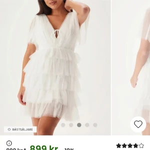 Vit volangklänning med v-ringning - Superfin vit kortklänning med flera lager volanger i tyll, v-ringning och knytning fram. Klänningen har korta ärmar och öppen rygg med knytband i nacken.