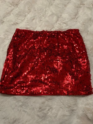 Röd paljettkjol - Säljer en glittrande röd kortkjol täckt med paljetter. Kjolen har en rak och tight passform som verkligen sticker ut. Perfekt för dig som vill ha något extra till din outfit. Supersnygg att matcha med en enkel topp och boots.