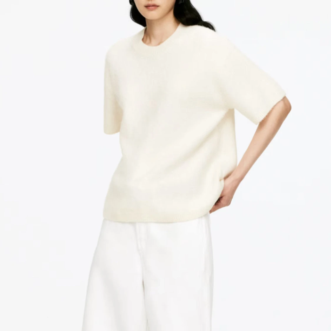 Vit stickad kortärmad tröja - 3