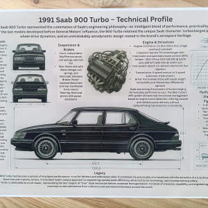 A3 poster av 1991 Saab 900 Turbo och  Technical Profile - A3 poster av  den ikoniska Saab 900 Turbo från 1991! Perfekt för bilentusiaster och unga som älskar teknik och design. Här får du detaljer om motorn, prestanda och unika egenskaper som gör denna klassiker till en favorit bland samlare och fans av coola bilar.