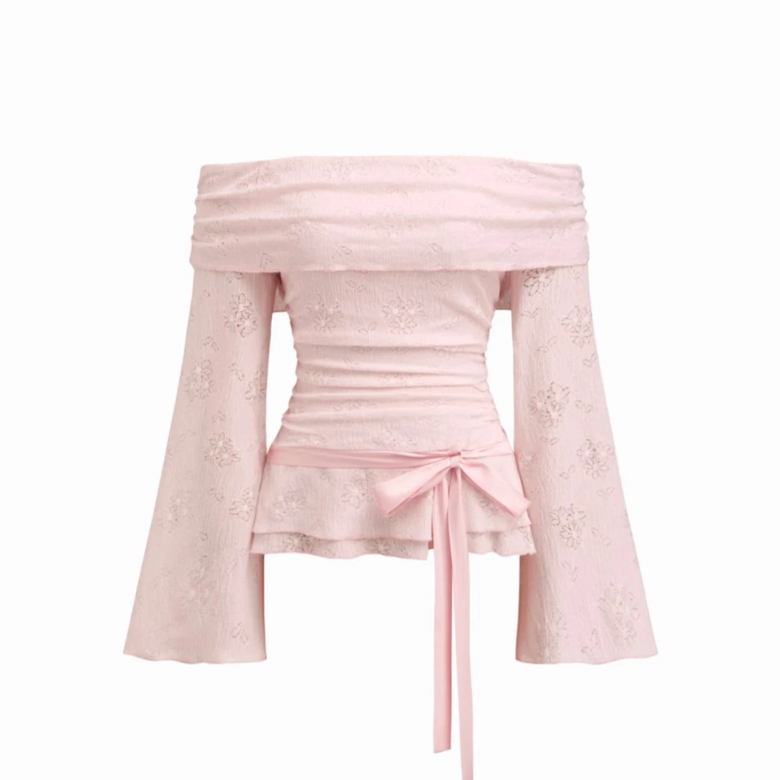 Ljusrosa offshoulder blus med rosett