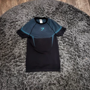 Svart och blå Gymshark t-shirt S - Säljer en svart och mörkblå t-shirt från Gymshark i storlek S. T-shirten har korta ärmar, sportig design med blå detaljer och logga på bröstet. Tillverkad i en blandning av nylon och polyester, perfekt för träning och aktiva dagar. Säljer den eftersom den inte passade helt oanvänd 