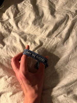 Blå tygarmband med text - Snyggt blått tygarmband med vit broderad text 'L'ART DU SUCCÈS'. Armbandet har justerbar knytning med tofsar i ändarna och är gjort av mjukt vävt material. Perfekt för att ge din outfit en personlig touch.
