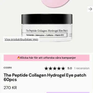 COSRX Peptide Collagen Hydrogel Eye Patch 60pcs - Ny - Inte öppnad. Nypris 270kr. Hydrogel eye patches med peptider, kollagen och hyaluronsyra som återfuktar och jämnar ut huden under ögonen. Innehåller 60 stycken svalkande gelpatches i burk med svart lock. Perfekt för dig som vill boosta elasticitet och lyster