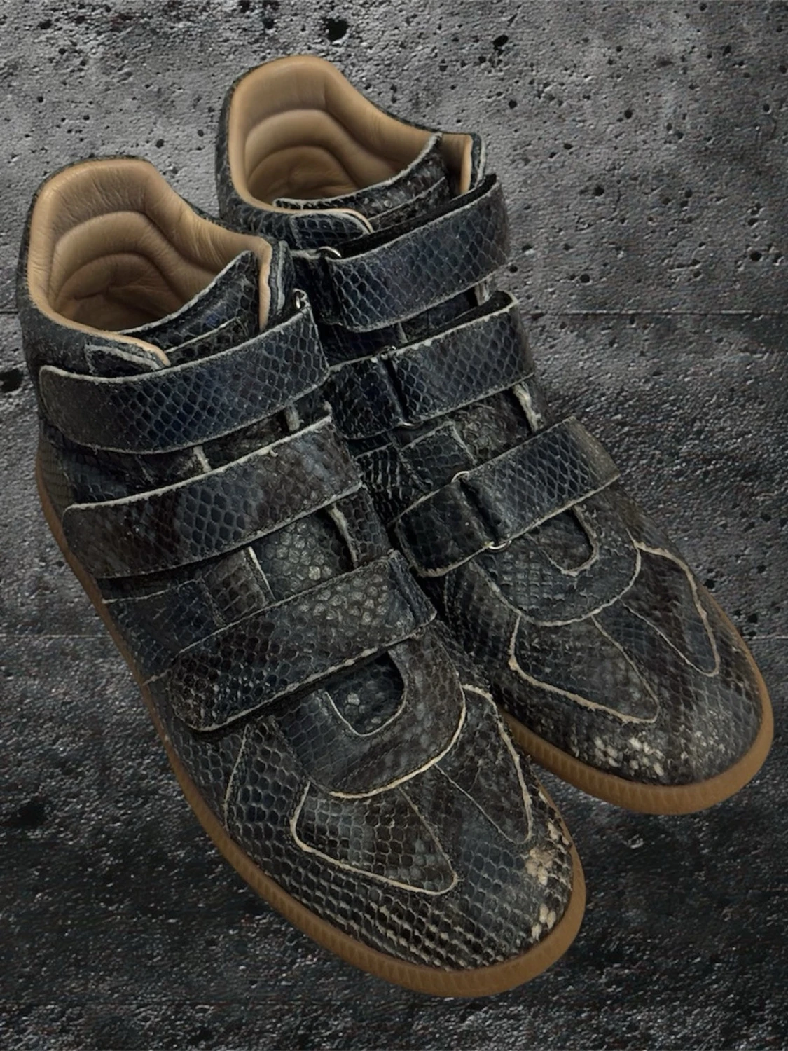 Maison Margiela python tripple straps high top gats