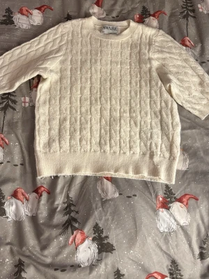 Vit kabelstickad tröja från AWARE - Mysig vit kabelstickad tröja från AWARE i storlek XS. Tröjan har rund halsringning, ribbade muddar och ett klassiskt kabelmönster. Perfekt för kyliga dagar och enkel att styla med jeans eller kjol.