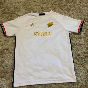 Vit Syrien fotbollströja från LAIB XXS - Vit fotbollströja från LAIB i storlek XXS med guldtryck 'SYRIA' och karta på bröstet. Tröjan har korta ärmar med röd, svart och grön rand på mudden samt svarta och röda detaljer längs sidorna. Materialet är lätt och andas, perfekt för träning eller match.