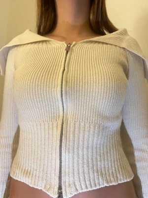 Beige ribbad kofta med dragkedja - Säljer en beige ribbad kofta med lång ärm och dragkedja framtill. Tröjan är stickad och har en snygg krage. Köpte från Gina tricot 