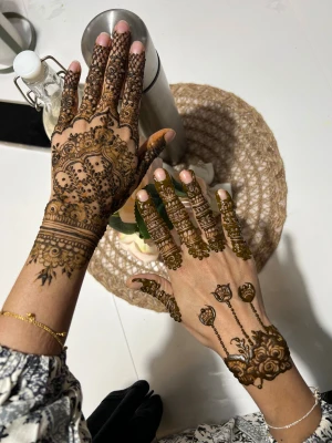 Henna handdesign med blommor och mönster - Unik henna handdesign med detaljerade blommor, blad och geometriska mönster. Ena handen har tätt blommigt och prickigt motiv, medan den andra har blommor och linjer på fingrarna samt rosor och tulpaner på handryggen. Perfekt för dig som vill ha en kreativ och personlig look.