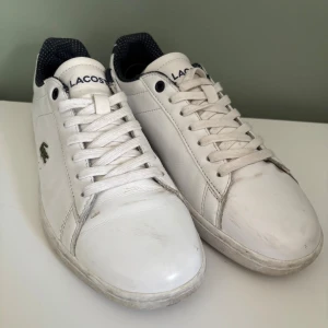 Vita sneakers från Lacoste - Snygga vita sneakers från Lacoste med klassisk krokodillogga på sidan och mörkblå detaljer vid hälen. Skorna har snörning, rund tå och är tillverkade i skinn med en platt sula. Perfekta för en clean och sportig stil.