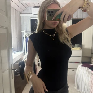 Svart ärmlös polotopp - Säljer en svart, tight polotopp utan ärmar. Toppen har hög hals och en stilren, minimalistisk look som sitter figurnära. Perfekt att styla med smycken eller under en kavaj. Materialet känns mjukt och stretchigt.
