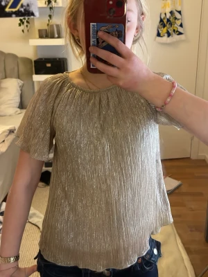 Glittrig silverblus från Zara Kids - Supersnygg glittrig silverblus från Zara Kids med korta, luftiga ärmar och rund halsringning. Perfekt för dig som vill sticka ut lite extra! Materialet är lätt och skimrande, vilket ger en cool effekt i ljuset.