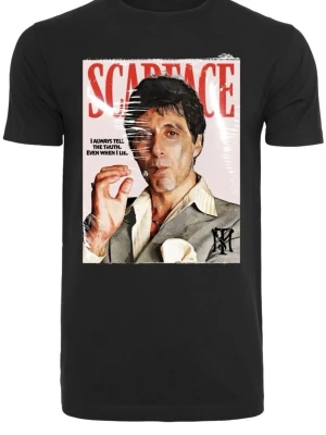 Svart Scarface t-shirt med tryck - Cool svart t-shirt med stort Scarface-tryck på bröstet. Motivet har röda och vita detaljer samt en ikonisk bild från filmen. T-shirten har rund hals och korta ärmar, perfekt för dig som gillar film och streetstyle.