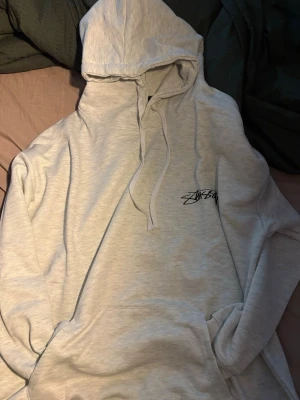 Ljusgrå hoodie från Stüssy - Säljer en ljusgrå hoodie från Stüssy med svart logga på bröstet och stort tryck på ryggen med text och städer. Hoodien har huva med dragsko och en stor magficka. Perfekt för dig som gillar streetwear och vill ha något bekvämt och stilrent.
