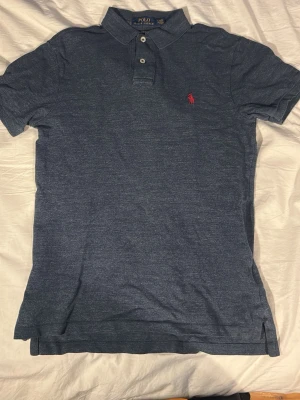 BlåGrå pikétröja från Polo Ralph Lauren - Klassisk blågrå pikétröja från Polo Ralph Lauren med två knappar och röd broderad logga på bröstet. Tröjan har krage och är kortärmad, tillverkad i mjuk bomull för en bekväm känsla.